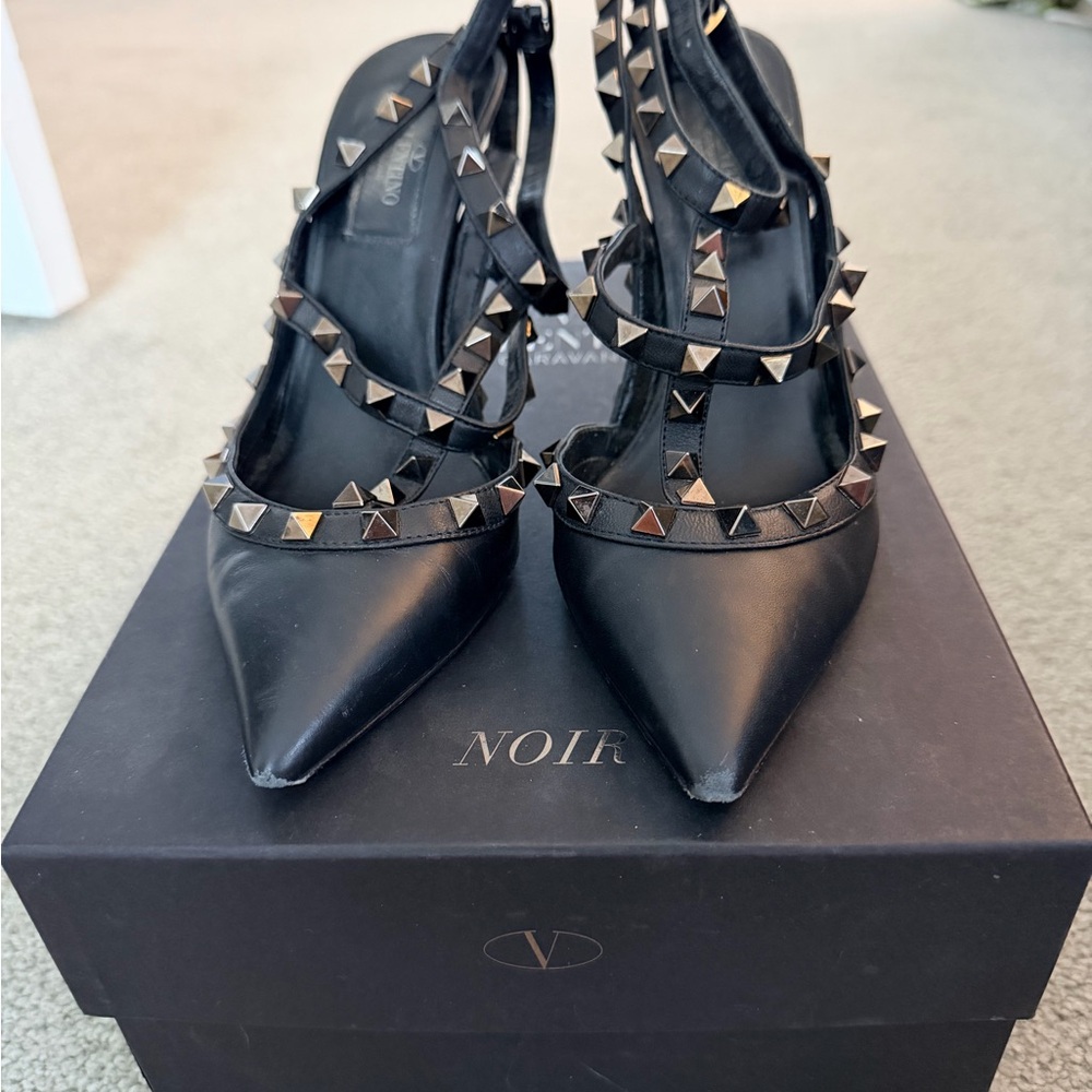 Valentino Black Leather Rockstud Pointed Strap Heels